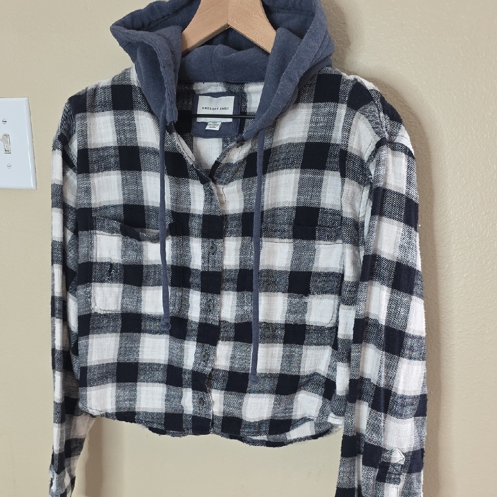 AE Cozy Cabin Cropped Hoodie Flannel Shirt Black White Plaid Distressed S Grunge - Picture 5 of 13
